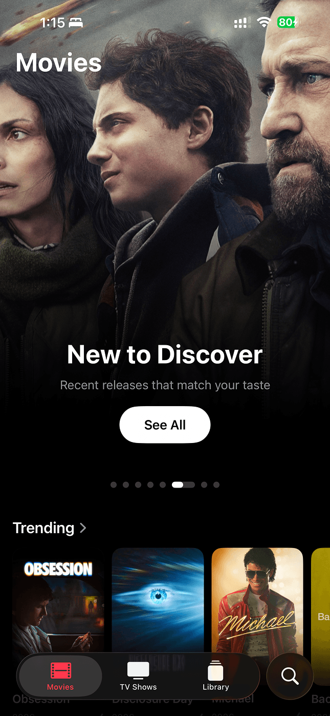 A discover screen with top picks, recommendations, and trending titles