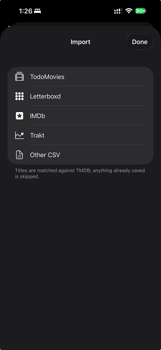 An import screen bringing in a list from another app via CSV
