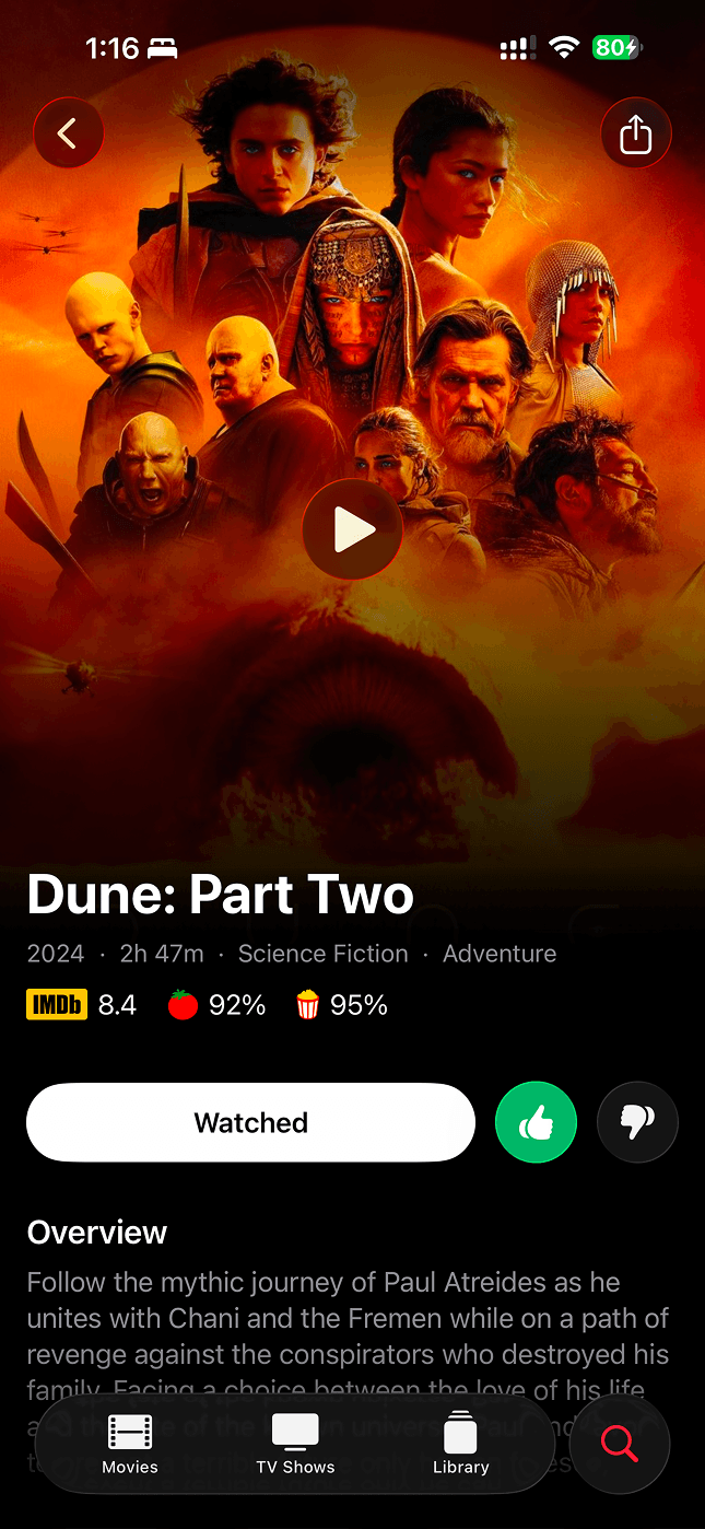 A film detail screen with watchlist and watched controls and ratings
